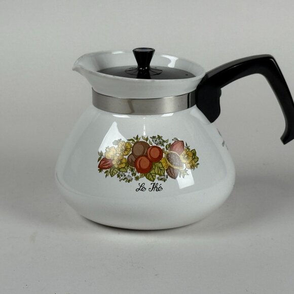 Vintage Corning Ware 6-Cup P-104 White Floral Enamel Coffee/Tea Pot With Lid & B - Picture 1 of 6